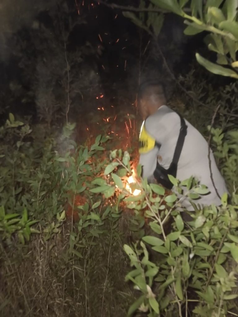 Personil Polres Mesuji bersama Masyarakat berjibaku memadamkan kebakaran hutan